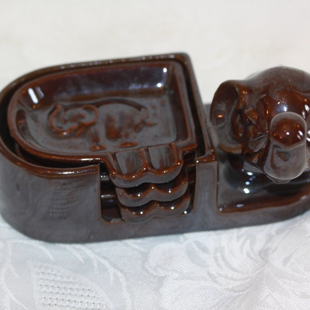 1950's OCCUPIED JAPAN ELEPHANT chopstick rests SET 5 PIECE SET REDWARE POTTERY